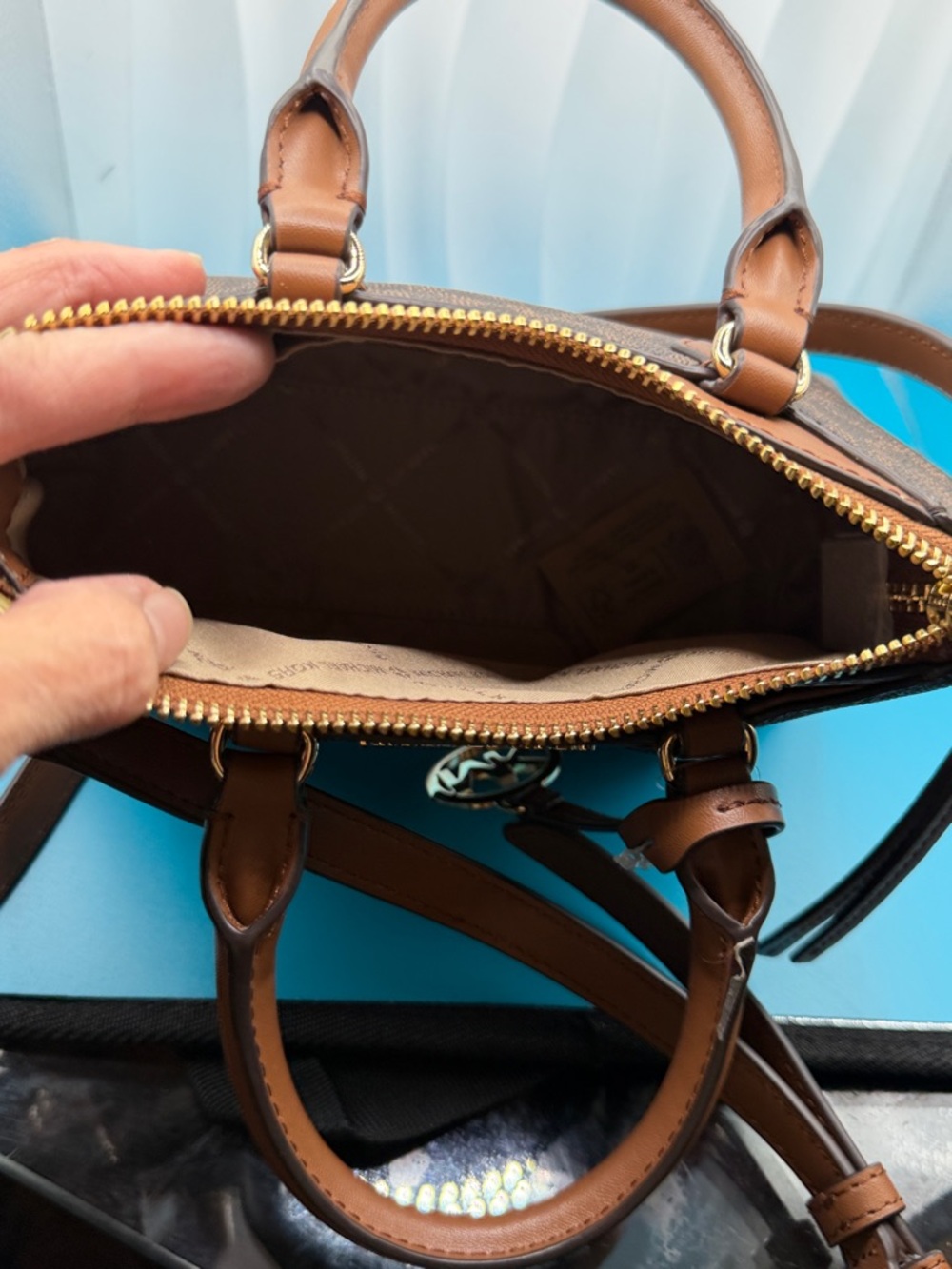 Michael Kors Brown & Tan Logo Satchel with Gold MK Charm - Picture 6 of 10